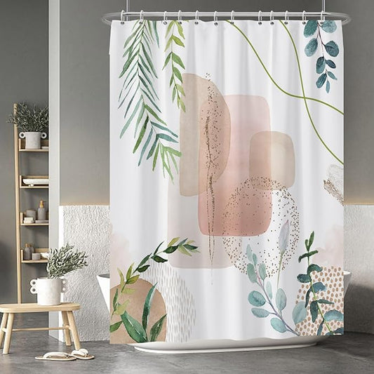 Baocicoo Minimalist Leaves Shower Curtain - Modern Abstract Geometric Botanical Design for Bathroom, Family, Camping, Hostel - Polyester Shower Curtain with Hooks - 72x96 Inches