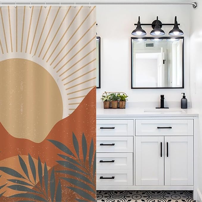 Mid Century Boho Sunset Shower Curtains Vintage Farmhouse Abstract Plant Mountain Sunset Washable Waterproof Fabric for Bathroom Decor Bathtub with 12 Hooks 66x72in（168x183cm）
