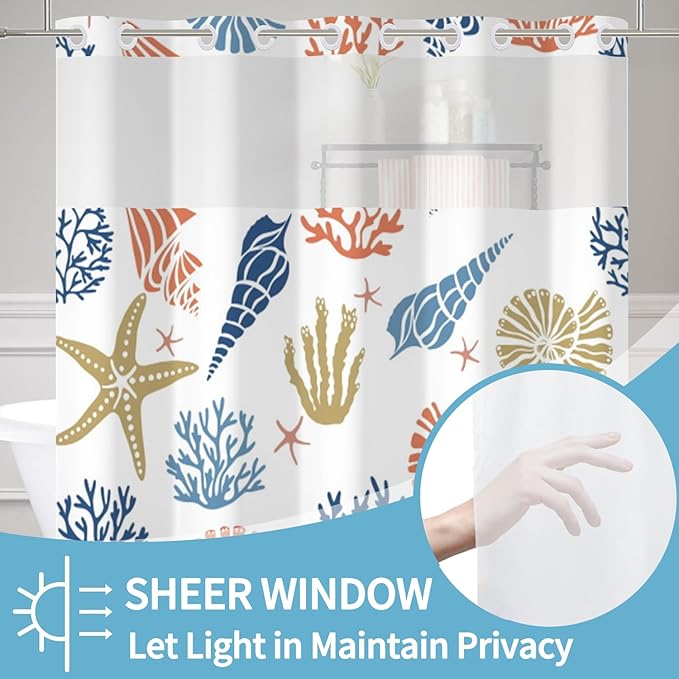 No Hook Nautical Coastal Shower Curtain with Snap in Liner Set Ocean Themed Coral Seashell Starfish Beach Shower Curtains Polyester Fabric Waterproof Bathroom Curtains 71Wx74H