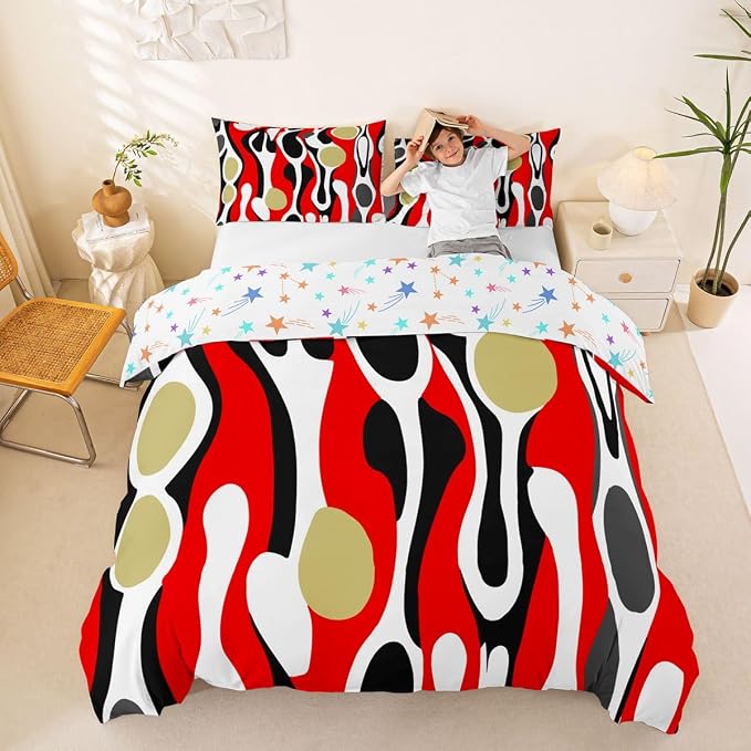 Erosebridal Mid Century Modern Abstract Duvet Cover Set Vintage Geometric Queen Bedding Set for Children Boys Contemporary Organic Shapes Comforter Cover Squiggle Blob Bed Sets,Red Beige