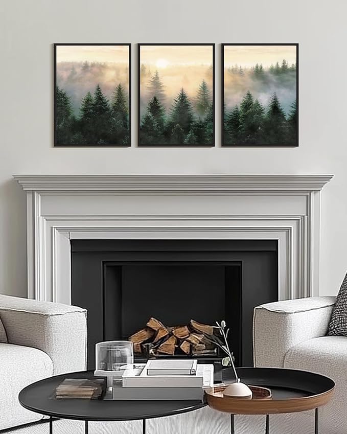 KUVIOKE Sun Dawn Fog Pine Tree Framed Wall Art Morden Nature Nordic Forests Artwork Bedroom Decor 12x16in (Black Framed)