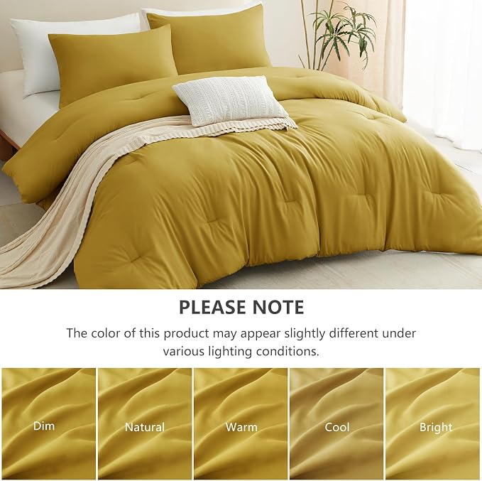 CozyLux King Size Comforter Set Mustard Yellow, 3 Pieces Lightweight Down Alternative Quilted Bedding Sets, All Season Soft Breathable Solid Comforter with 2 Pillowcases, Luxury Bed Set Gift for Home