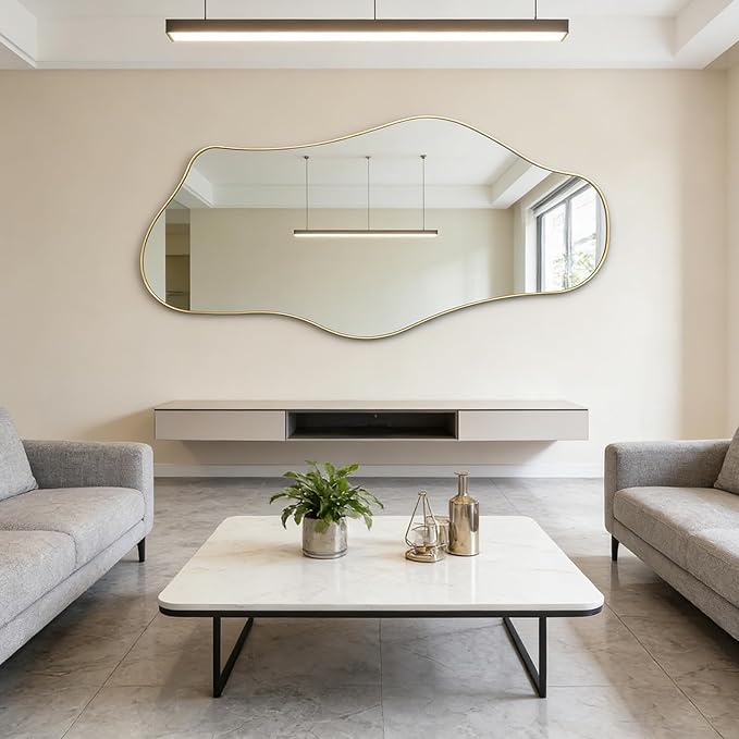 Large Irregular Mirror, 63"x29" Asymmetrical Full Length Mirror with Gold Metal Frame, Unique Shaped Abstract Wall Mirrors for Living Room Dressing Bathroom Bedroom Hallway Entryway