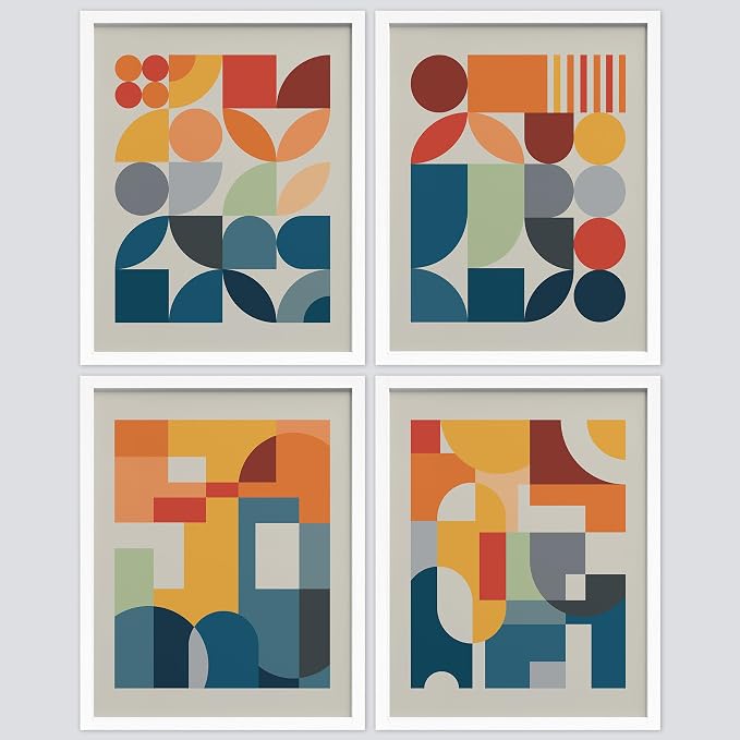 SIGNWIN Framed Mid-Century Modern Colorful Geometric Polygons Wall Art, Set of 4 Abstract Geometric Wall Decor Prints, Nature Wilderness Wall Décor for Living Room, Bedroom - 12"x16" White