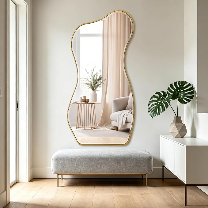 POZINO Large Irregular Beveled Mirror, 63"x32" Asymmetrical Wall Mirror with Metal Frame, Full Length Organic Floor Mirrors for Entryway Living Room Bedroom Hallway, Leaning/Wall-Mount