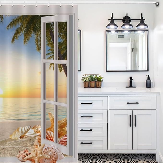 Ocean Beach Shower Curtains,Farmhouse Sunset Scenery Sea Wave Retro Wood Rustic Nature Landscape Bathroom Decor Polyester Fabric Waterproof Bathroom Curtain with Hooks,72x84Inch