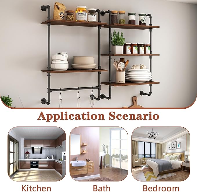 Anwick 3 Tier and 2 Tier Wood Wall Mounted Bookshelf with Metal Frame Wood Hanging Storage Bookcase, Open Storage Rack for Living Room, Home, Office, Bathroom, Bedroom and Plant Flower (Black)