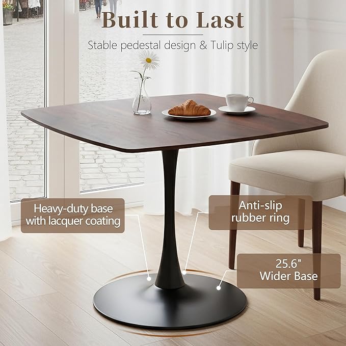 Square Dining Table,42.1" Tulip Table with Metal Pedestal,15-Minute Quick Assembly,Mid Century Modern Leisure Table for Kitchen Small Places Cafe (Faux Walnut)