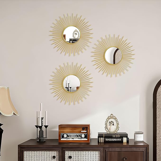 3 Pack Metal Mirrors for Wall Sunburst Wall Mirrors Home Décor Decorative Hanging Wall Art for Living Room Bedroom Entryway (Gold2, Sunburst)