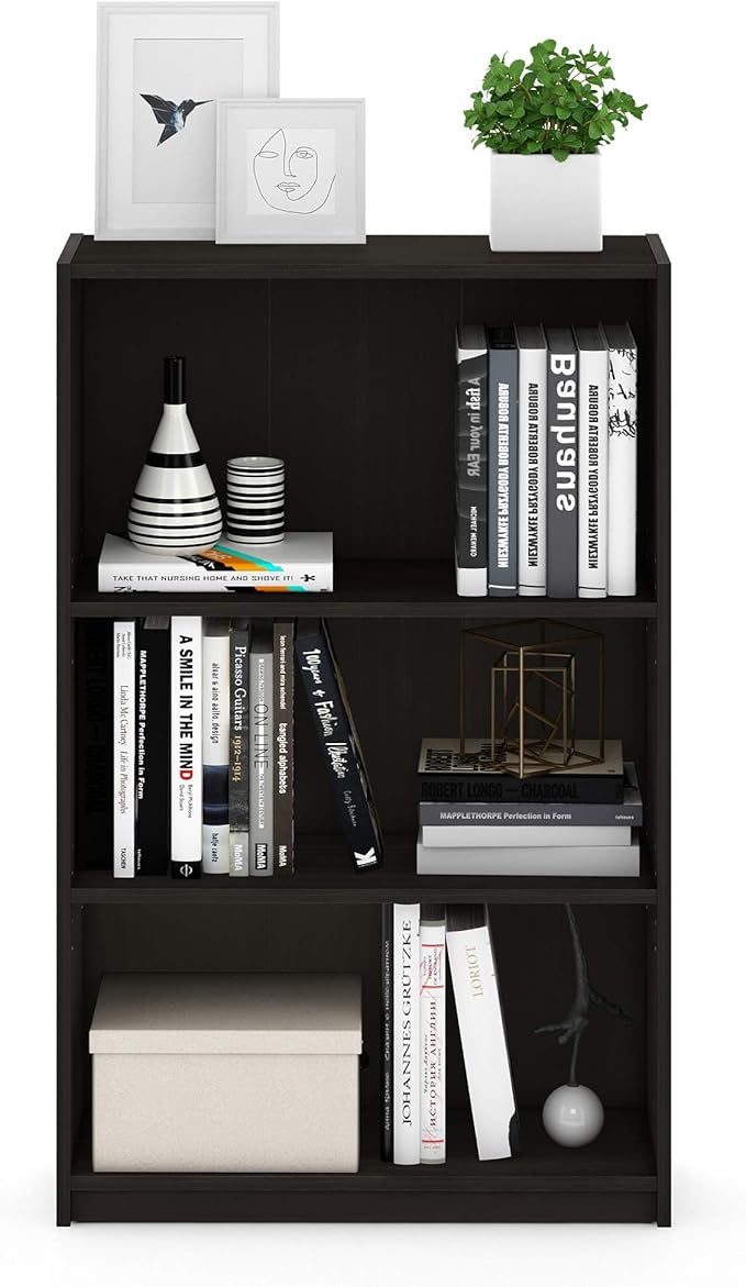 Furinno JAYA Book Shelf, 3-Tier Bookshelf, Bookcase with Adjustable Shelves, 9.5 x 24.5 x 40.3, for Organization and Storage, for Living Room, Bedroom, Home Office, Espresso
