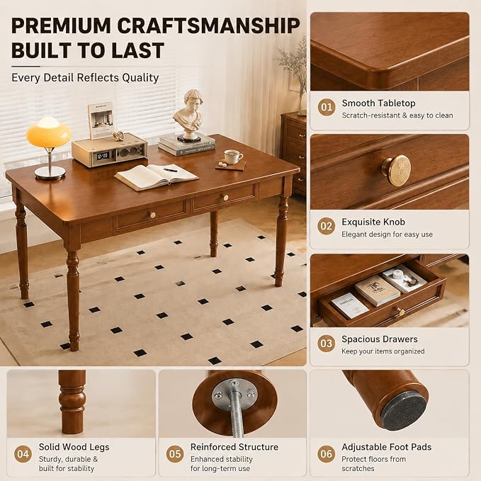 Walnut Writing Desks with Drawers, 47" Solid Wood French Country Style Computer Desk for Home Office, Living Room Study Workspace or Bedroom, Traditional Vanity Dressing Table