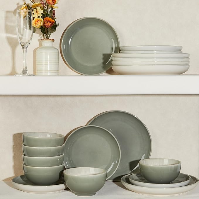 Pokini Stoneware Dinnerware Sets, Ceramic Plates and Bowls Set, Microwave & Dishwasher Safe Kitchen Dish Set, Modern Dinner Salad Plates | Cereal Bowls for 4, Dishware Sets Gray Green
