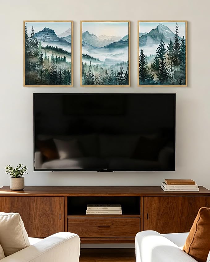 KUVIOKE Mountain Landscape Framed Wall Art Watercolor Nature Misty Forest Painting Vintage Farmhouse Rustic Wall Decor for Bedroom Hallway 12x16in (Natural Framed)