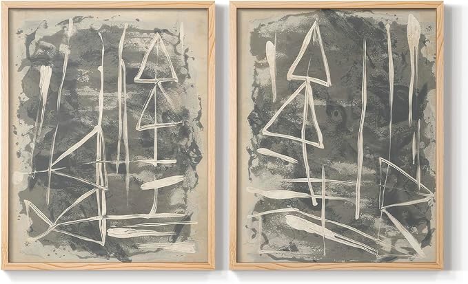 Renditions Gallery Set of 2 Peel & Stick Framed Prints, Trendy Abstract Wall Art, Textured Linework Striking Wall Decor, Re-Stickable - Ready to Hang - 11"x14" - NATURAL WOOD Frame LT588