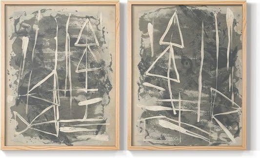 Renditions Gallery Set of 2 Peel & Stick Framed Prints, Trendy Abstract Wall Art, Textured Linework Striking Wall Decor, Re-Stickable - Ready to Hang - 11"x14" - NATURAL WOOD Frame LT588