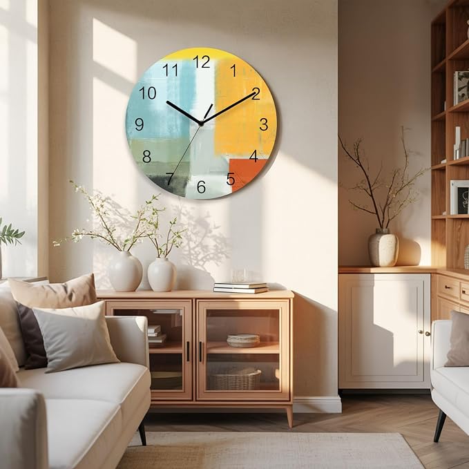 Abstract Painting Art Style Orange Blue Yellow Grey Red Wall Clock Battery Operated Non-Ticking 10" Round Wood Clocks, Kitchen Wall Clock for School Bathroom Living Room Home Office Wall Decor