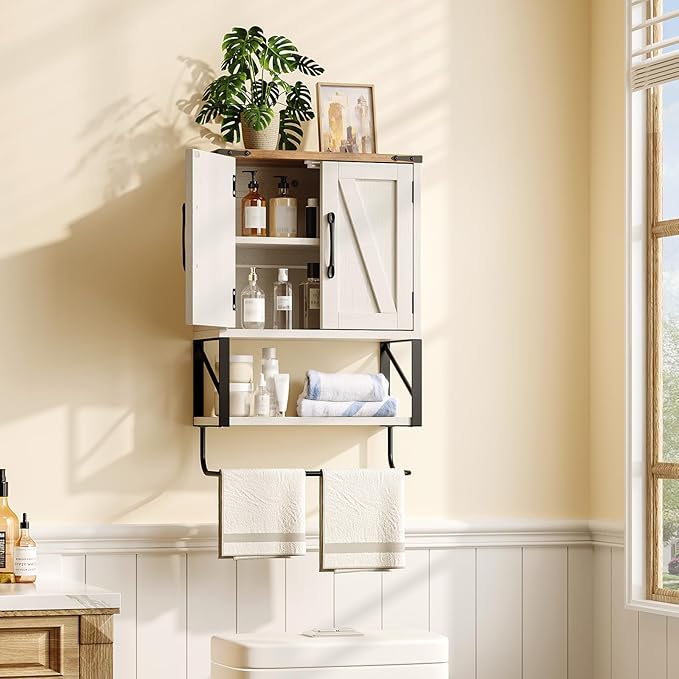 VINGLI Small Bathroom Medicine Cabinet with Tower Bar 7.1"D x 15.4"W x 23.3"H Farmhouse Wall Cabinet Over Toilet Storage with Adjustable Shelf Wall Mounted for Bathroom Kitchen (Rustic White & Brown)