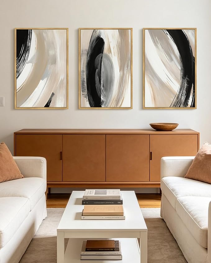 KUVIOKE Modern Abstract Framed Wall Art Black Neutral Minimalist Ink and Wash Graffiti Pastel Wall Decor for Bedroom Living Room 24x36in (Natural Framed)