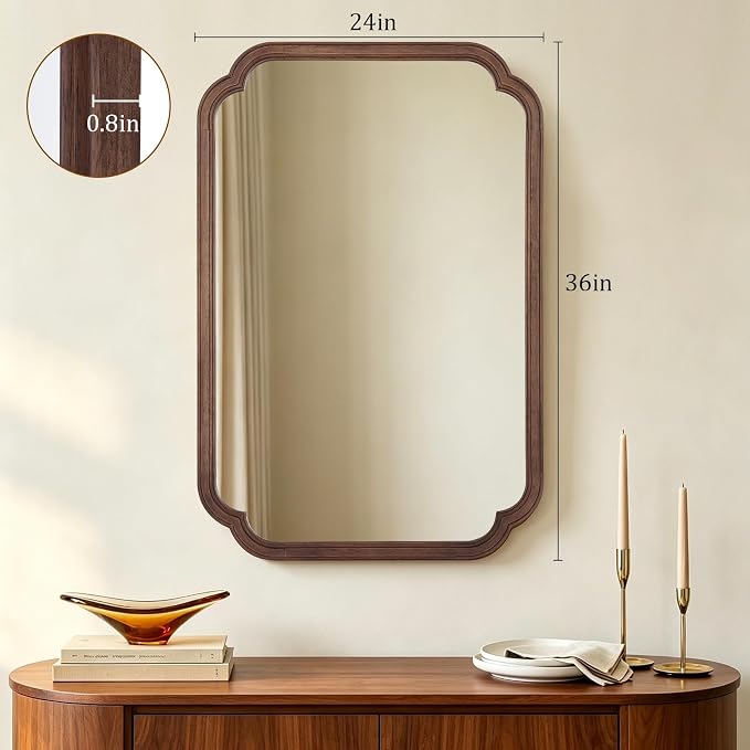 HOMECOOKIN Wood Bathroom Mirror for Wall Decor Arched Rounded Corner Rustic Wood Frame Wall Mirror Home Decorative for Vanity, Living Room, Bedroom, Entryway (24 x 36 inch, Walnut)