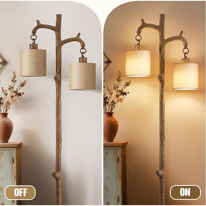 Rustic Floor Lamp for Living Room - Newly Upgraded Heavy-Duty Resin Base Farmhouse Floor Lamp with 2 Country Vintage Reading Light - Standing Lamps for Bedroom Office Home Decor (Brown, 2 Bulbs)