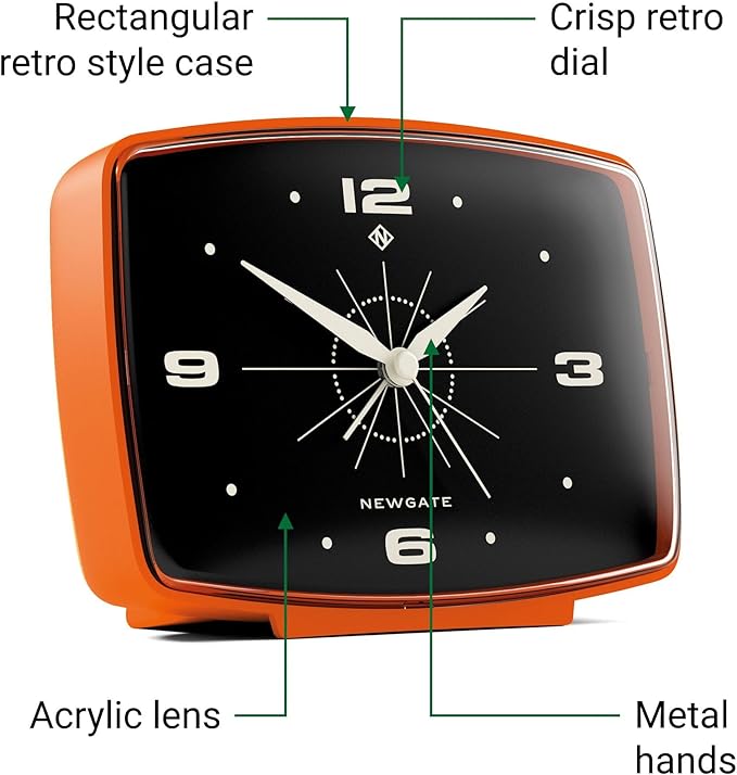 NEWGATE® Brooklyn Alarm Clock | Rectangular Retro Design | Pumpkin Orange | Ideal for Bedside, Desk, Shelf & Mantel | Mid-Century Retro Bedroom & Office Accessory