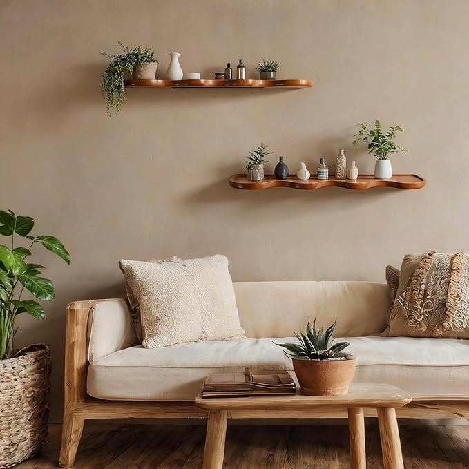 Pinkunn 2 Pcs Floating Shelves for Wall Wood Scalloped Floatings Shelf Live Edge Floating Shelves Modern Scalloped Mounted Shelf Farmhouse Wall Decor for Home Bedroom Kitchen (Walnut,24" X 6")