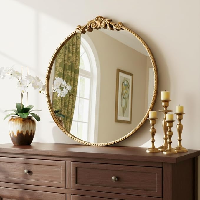 ZIYOO Vintage Baroque Round Wall Mirror 24"x24", Gold Ornate Carved Frame Decor Mirror for Entryway Living Room Bedroom Hallway (Gold Metal,24"x24")