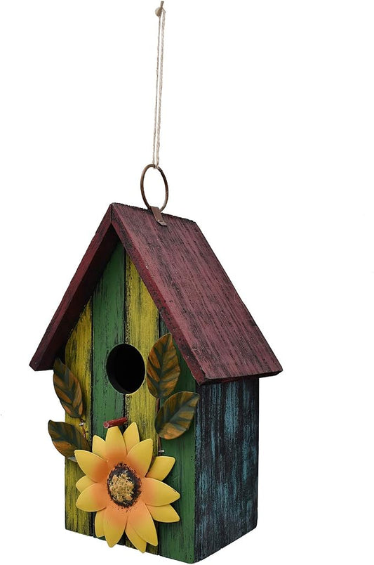 Attraction Design Rustic Decorative Bird House for Outside, Outdoor Hanging Wood Hand-Painted Bird House with Sunflower Decor, Wooden Hanging Garden Birdhouse Porch Yard Decor 9.37"X6.38"X4.25" (Red)