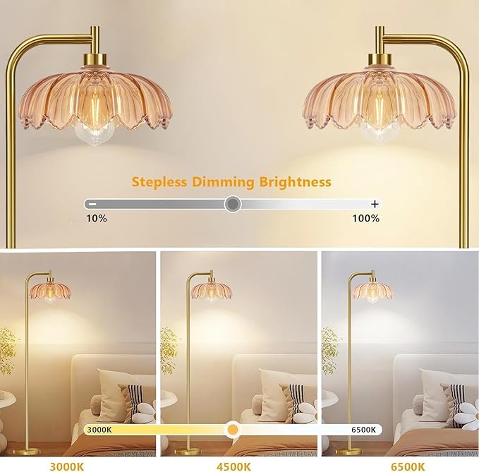 Gold Floor Lamp for Living Room,Bedroom,Mid Century Modern Standing Lamp with Remote,Dimmable Brass Tall Lamp Glass Lamp Vintage Retro Arc Floor Lamps Flower Floor Light Boho Bohemian