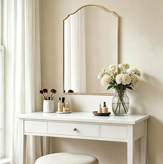 Besdomus Scalloped Gold Mirror for Bathroom: 24"x36" Minimalist Modern Arched Mirror - Wooden Frame Wall for Vanity/Bedroom/Mantle/Entryway/Fireplace/Hallway - Idea for Housewife