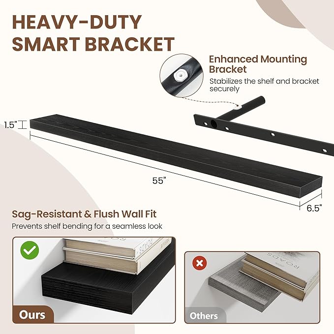 55 Inch Floating Shelves for Wall 2 Pack, 55" Wall Shelves for Books, Storage, Decor, Wall Mounted Floating Shelf with Invisible Brackets for Kitchen, Living Room, Black
