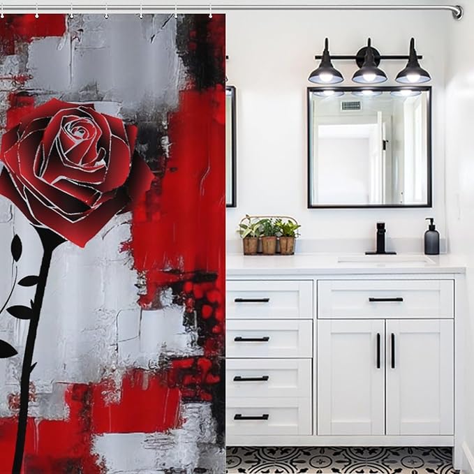 Red Rose Abstract Shower Curtain Nature Red Rose Floral Valentine's Day Artistic Waterproof Shower Curtains for Bathroom Decor 12 Pack Hooks 72x72in (183x183cm)
