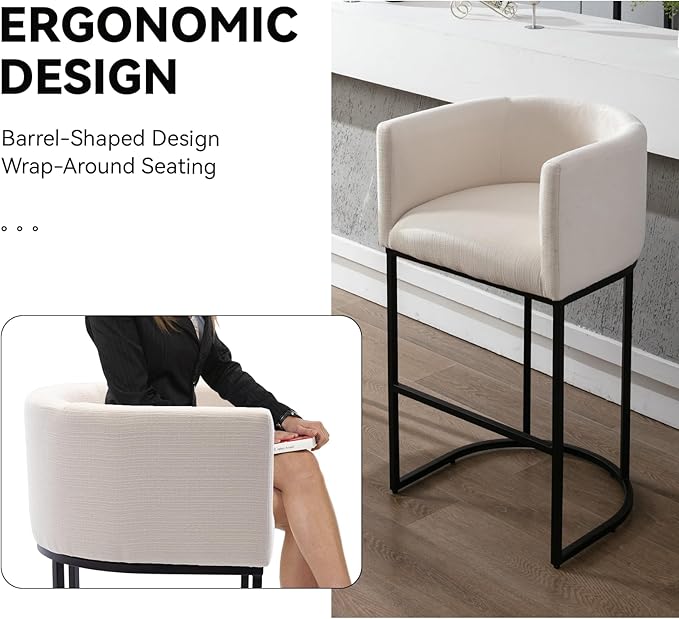 Contemporary Cream Linen Bar Stools Set of 3, 32" Upholstered Fabric Counter Height Bar Stools Kitchen Counter Island Stools with Black Metal Base