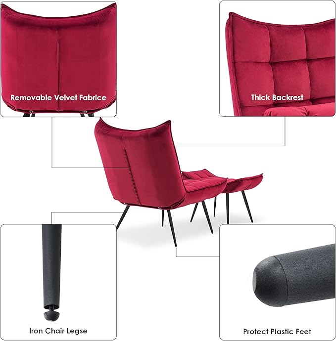 MCombo Accent Chair with Ottoman, Modern Velvet Wingback Lounge Chair, Upholstered Club Chair for Small Space, Living Room & Bedroom 4079 (2, Burgundy)