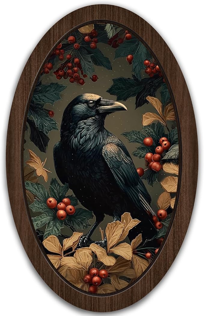 UYIKG Vintage Gothic Raven Wall Art Decor,Victorian Crow Oval Oval Wall Decor,Vintage Dark Academia Moody Cottagecore Wooden Framed Wall Decorations for Home Bedroom Church Prayer Room 9x14.6 in