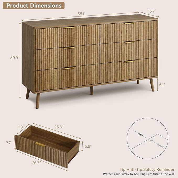 CARPETNAL Fluted Dresser and Nightstand Sets for Bedroom, 3 Pcs Bedroom Set, 6-Drawer Dresser & 2-Drawer Nightstand Set of 2, Modern Wood Chest of Drawers for Living Room, Entryway, Walnut