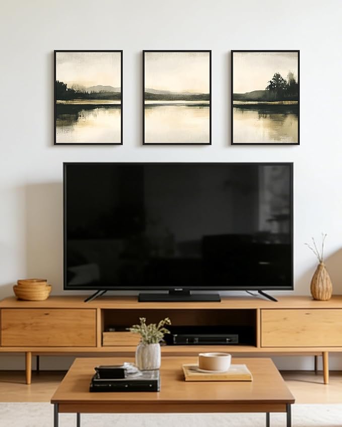 KUVIOKE Watercolor Abstract Mountain Lake Framed Wall Art Brown Landscape Nature Wilderness Painting Nordic Neutral Tan Illustration Decorative Home Decor 12x16in (Black Framed)