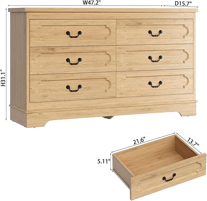 LIDYUK 6 Drawer Dresser for Bedroom Farmhouse Natural Tall Wood Chest of Drawers for Bedroom Dresser, Modern Rustic 47.2" Wide Drawers Dressers Wooden Closet and Storage Cabinet, Hallway, Living Room