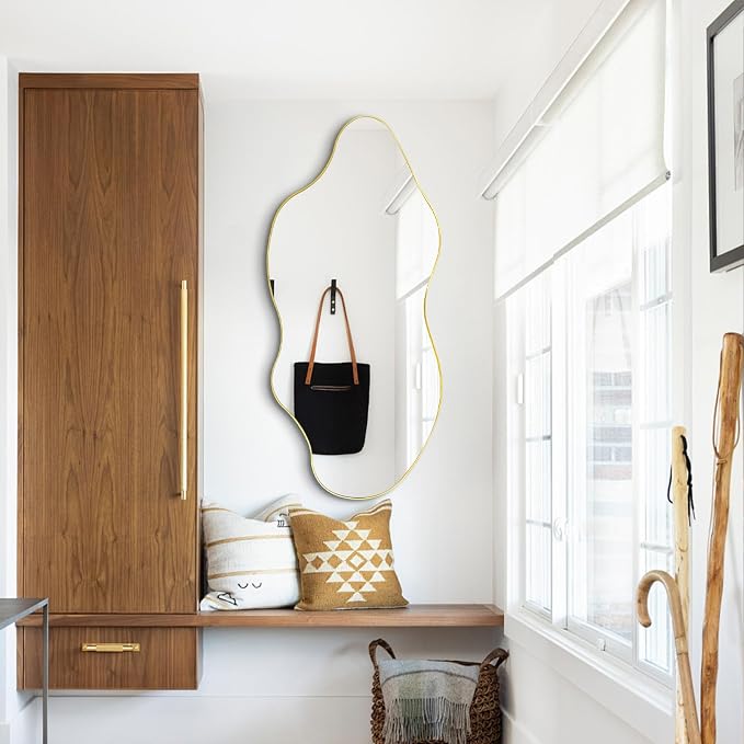 Irregular Frameless Wall Mirror, 47.2"x21.6" Gold Asymmetrical Mirror, Modern Organic Aesthetic Mirror for Living Room Bathroom Bedroom Hallway Entryway, Hangs Vertically or Horizontally