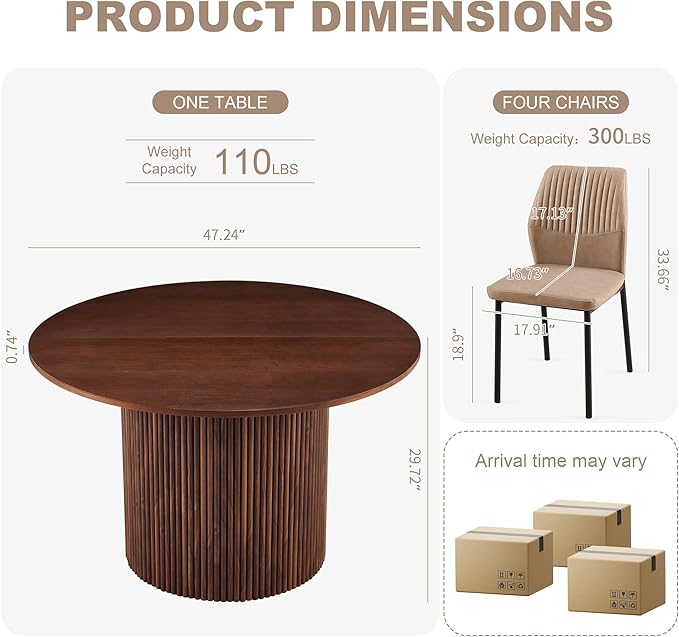Dining Table Set for 4, 47" Wooden Round Kitchen Table with PU Leather Chairs for Kitchen Room and Small Spaces(Walnut Table + 4 Beige Chairs)