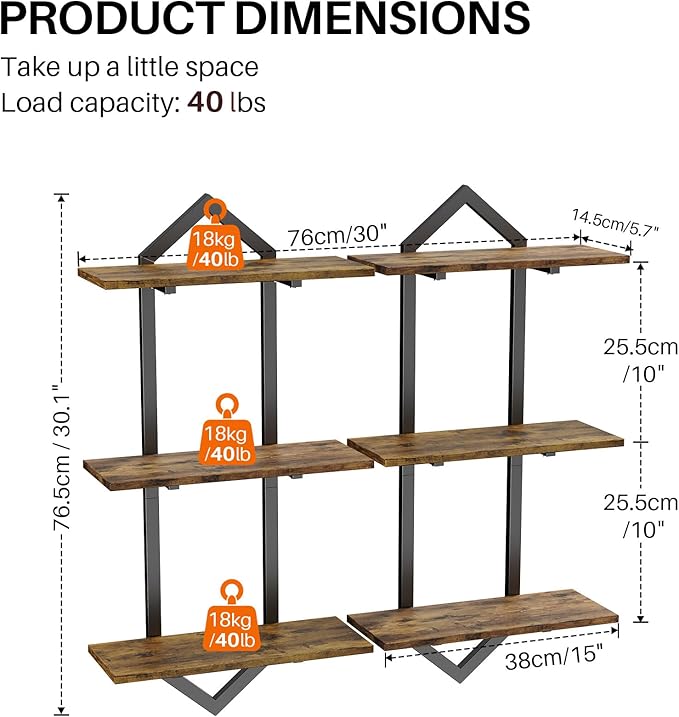 3 Tier Floating Shelves, Set of 2 Wall Shelves for Living Room, Modern Geometric Wooden Shelf for Wall Decor, Hanging Storage Shelf for Bedroom Bathroom Kitchen Home Office (Rustic Brown)