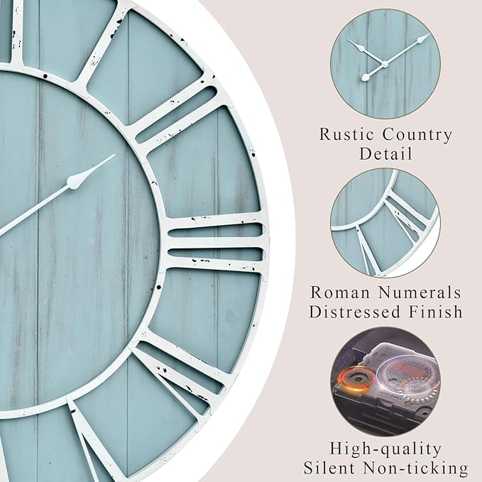 Large Farmhouse Wall Clock 30 Inch Vintage Blue Wooden Wall Clock with Quiet Ticking and Minimalist Roman Numerals for Bedroom Living Room Office Kitchen Home Decor, Battery Operated