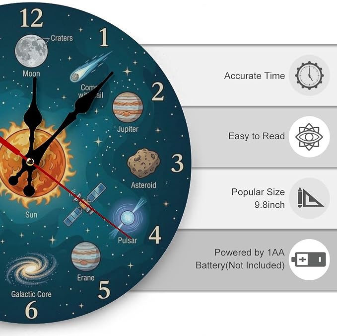 Solar System Galaxy Wooden Wall Clock Silent Non Ticking for Kids Room Decor & Office, 10/12 Inch Round Frameless Battery Operated Home Decor Gift