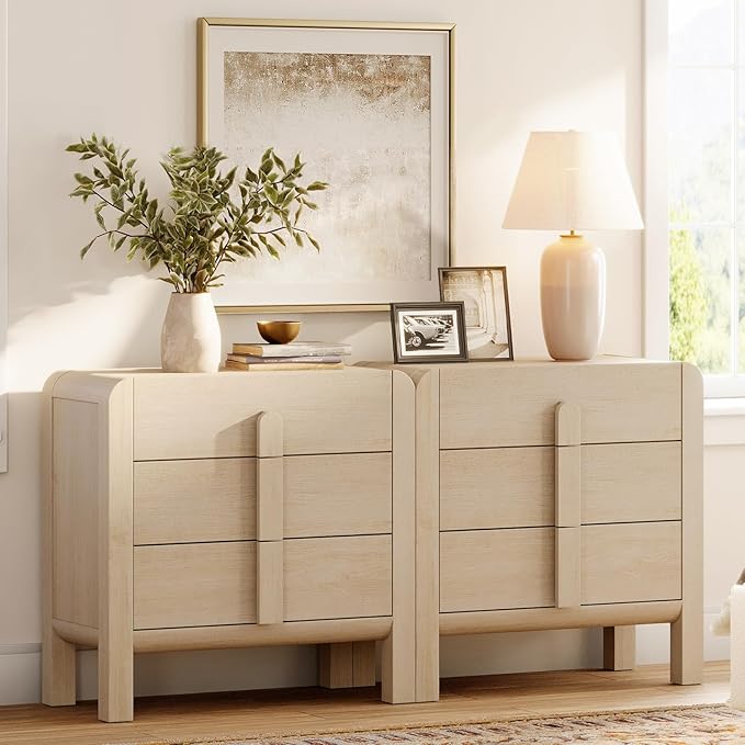 WAMPAT Large Sideboard Buffet Cabinet with Storage with 6 Drawers,Modern French 63" W Buffet Cabinet with Storage,Wood Coffee Bar Cabinets with Curved Edge Design for Kitchen Living Room,Light Oak
