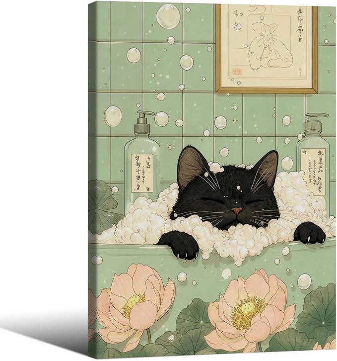 Black Cat in Bathtub Poster Vintage Japanese Bathroom Wall Art 16X24 inch Framed Funny Cute Animal Canvas Prints for Bedroom Restroom Toilet Wall Decor