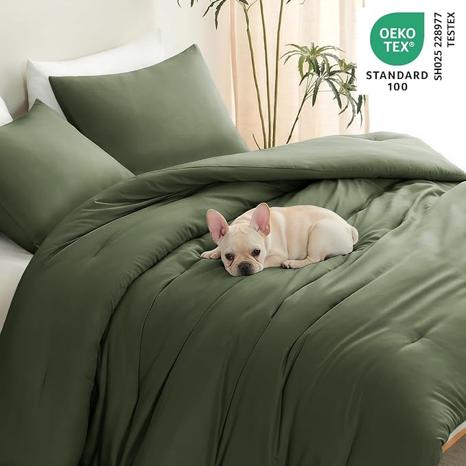 CozyLux Oversized Queen Comforter Set Olive Green, 3 Pieces 98"x98" Lightweight Down Alternative Quilted Bedding Sets, All Season Breathable Solid Comforter with 2 Pillowcases, Bed Set Gift for Home