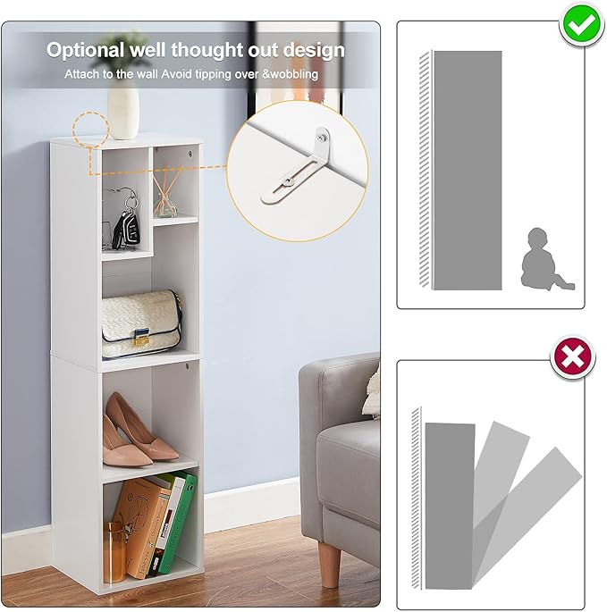 VECELO 4-Tier Bookcase, Modern Storage Cabinet with Height Difference Shelves for Standard Textbooks, 5 Cubes, Vertical or Horizontal, Easy Assembly, Pearl White