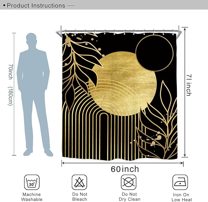 Miyotaa Abstract Black Gold Shower Curtain Set 60Wx71H Inches Minimalist Aesthetic Modern Contemporary Plant Leaves Neutral Polyester Waterproof Cloth Bathroom Curtain with 12 Hooks