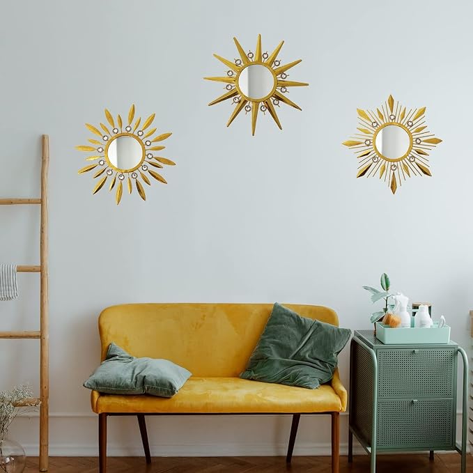 Champagne Gold Round Mirrors for Wall Art Pack of 3, Decorative Mirror Wall Valentine Decor& Vintage Room Decor, Sunburst Circle Mirrors Modern Valentine Gifts for Women & Moms