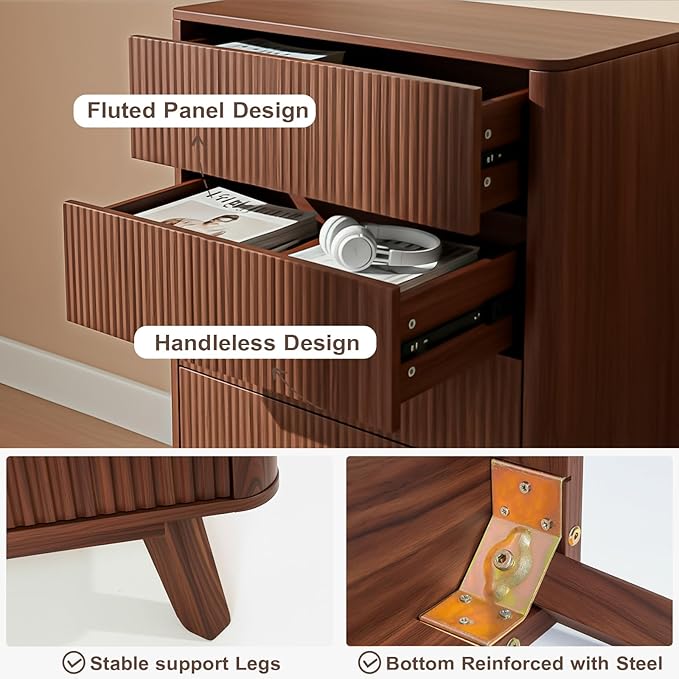 Fluted 5 Drawers Dresser for Bedroom, 47" Tall Handleless Chest of Drawers with Faux Marble Top, Curved Profile, Wooden Drawer Organizer for Living Room, Hallway, Entryway, Walnut